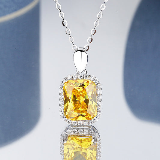 S925 Sterling Silver Princess Square Yellow Diamond Necklace Earrings