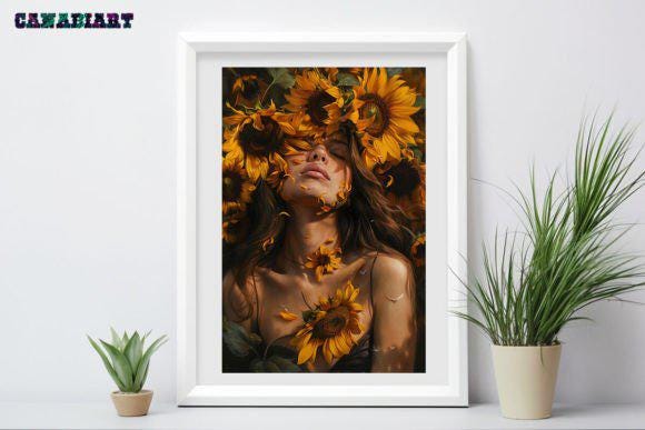 Sunflower Girl Wall Art, Bohemian Sunflower Girl Printable Art, Sunflower Girl Digital Wall Art