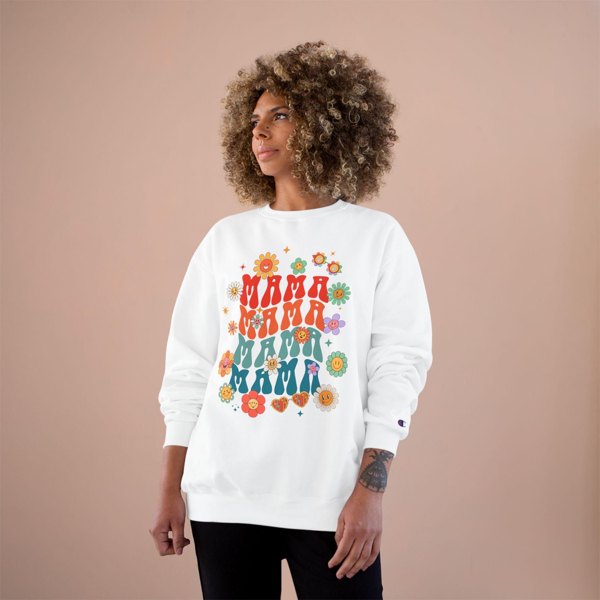 Colorful Floral Mom Champion Sweatshirt, Gift for Mom, Stylish Sweatshirt, Spring Fashion, Cozy Apparel, Mother's Day Gift