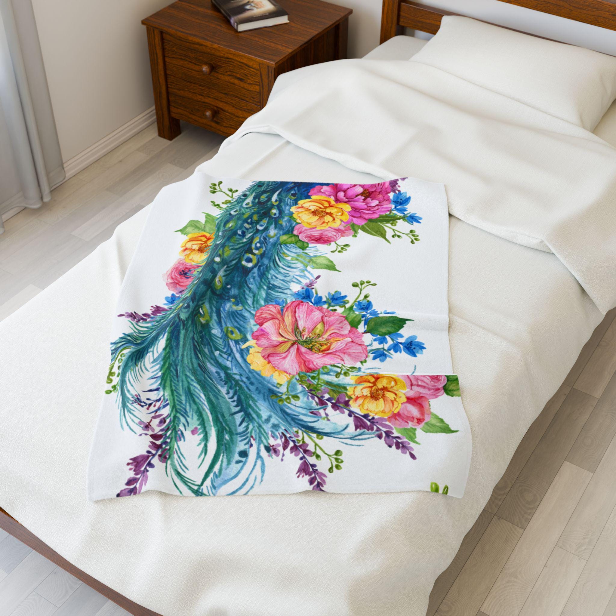 Floral Peacock Plush Blanket | Cozy Decorative Throw | Perfect for Home Decor, Gift for Her, Birthday, or Wedding